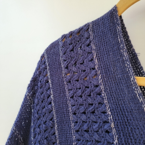 BCBGMaxAzria Navy Blue Silver Metallic New One Size Boho Longline Fringe Poncho - Picture 5 of 11